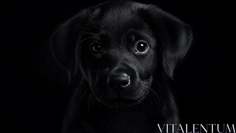 Moody black puppy portrait glows against deep shadowed backdrop.