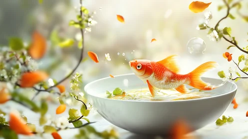 Goldfish in white bowl amid scattered petals and foliage.