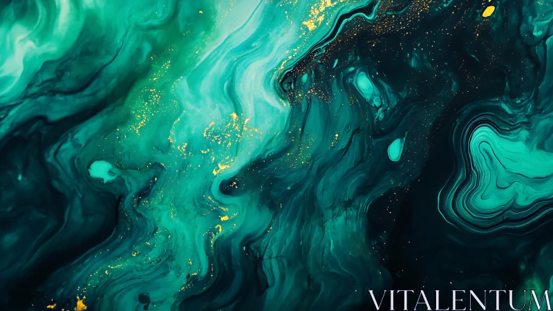 Teal and gold fluid abstract pattern with swirling motion.