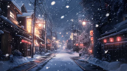 Snowy lantern street glows softly under a calm winter night