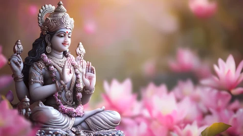 Serene goddess sculpture amid luminous pink lotus field.