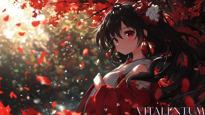 Crimson petals swirl around a quiet autumn daydream.