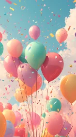 Colorful Balloons Floating Against Sky with Confetti
