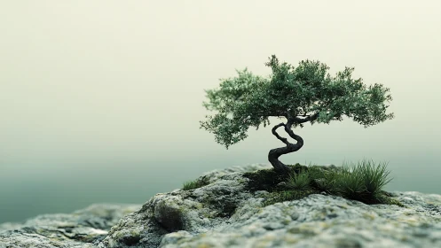 Solitary small tree on rocky surface under pale sky.