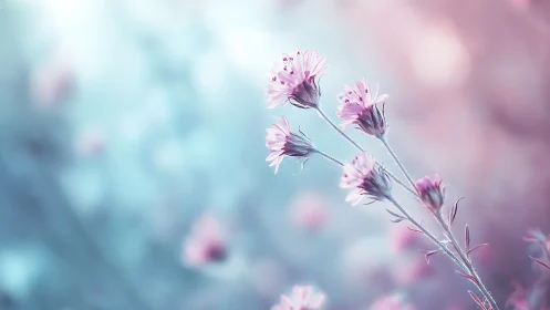 Shallow-depth macro study of pastel pink wildflowers on bokeh field