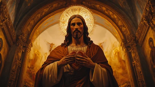 Sacred Heart depiction of Jesus in ornate church interior.