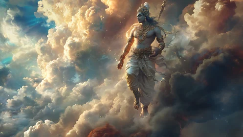 Radiant celestial warrior strides gently through glowing clouds