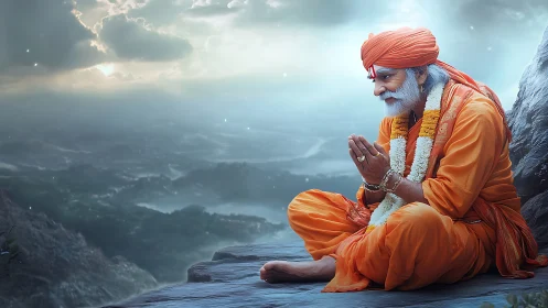 Serene orange-robed sage meditates above misty mountain valley