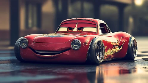 Cartoon red race car with expressive face at rest.