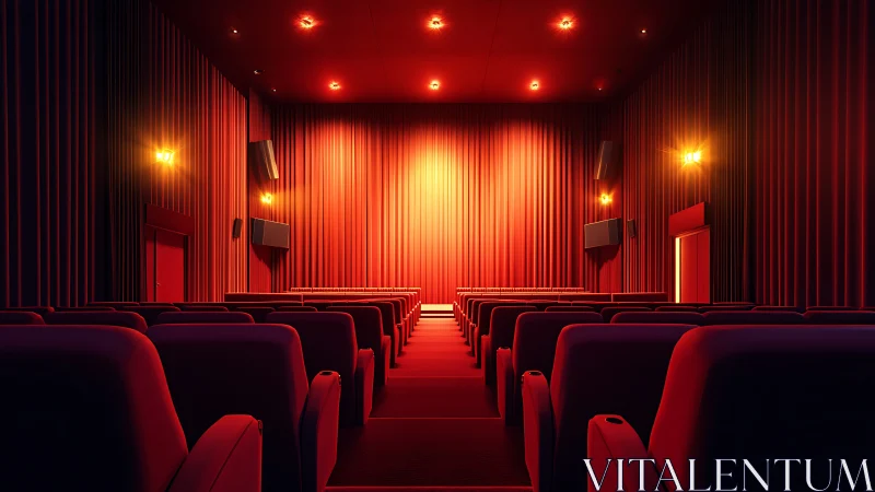 Cinematic auditorium interior with red ambient lighting design.