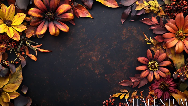 Autumn Flowers and Botanicals Arranged on Textured Dark Surface