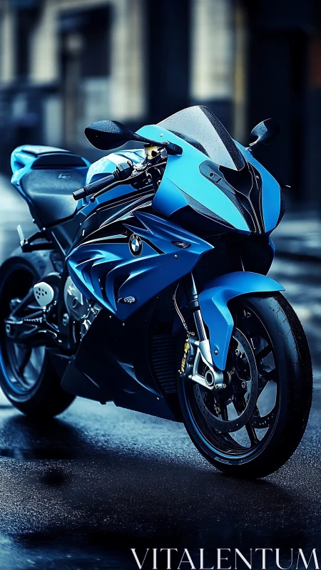 Photorealistic blue superbike on wet urban street at dusk.