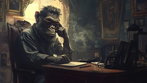 Anthropomorphic chimpanzee writing at dimly lit desk interior.