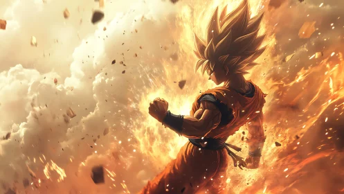 Spiky haired fighter in orange gi amid explosive flames.