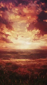 Sunset sky dominates distant plains and glowing grassland