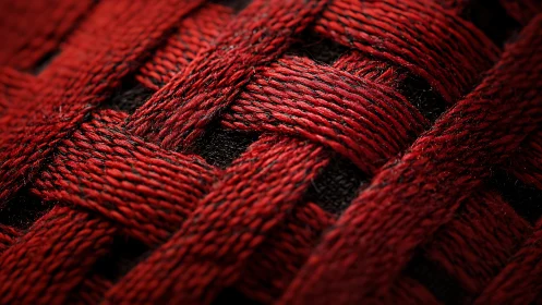 Interlaced crimson textile strands in tight macro weave.