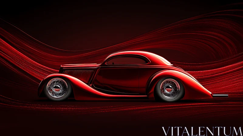 Red streamlined classic coupe with abstract light trails.