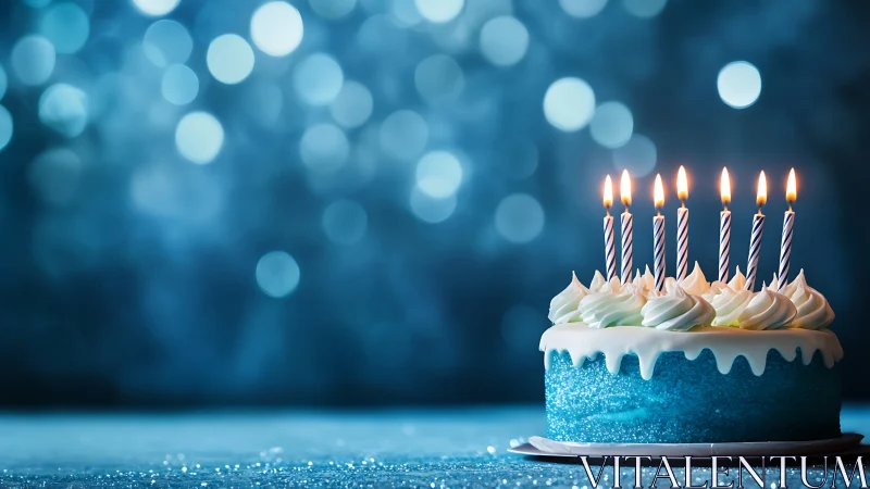 Birthday Cake with Blue Glitter, White Frosting, Lit Candles.