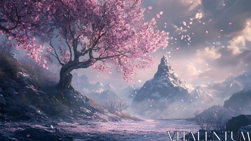 Pink blossom tree stands before distant snow peak at dawn