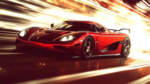 Red hypercar rendered with motion blur and dynamic light streaks