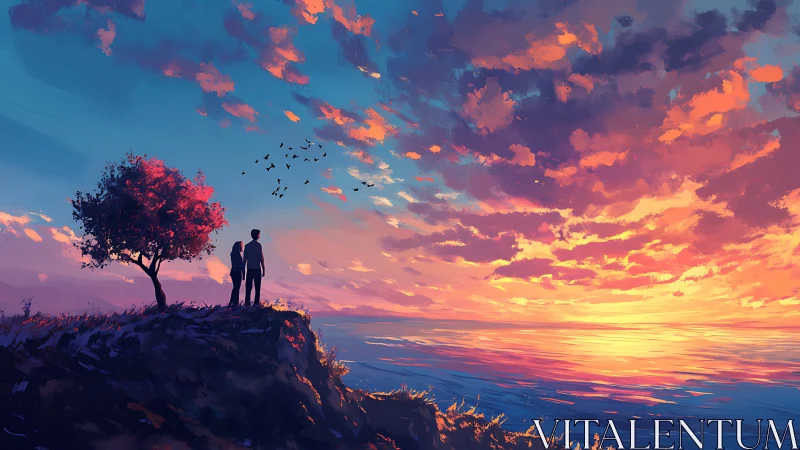 Sunset couple silhouette on cliff with vivid painted sky.