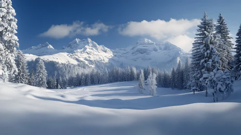 Snowy alpine valley rests beneath bright winter mountains