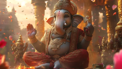 Digital painting of Ganesha in ceremonial golden temple space.