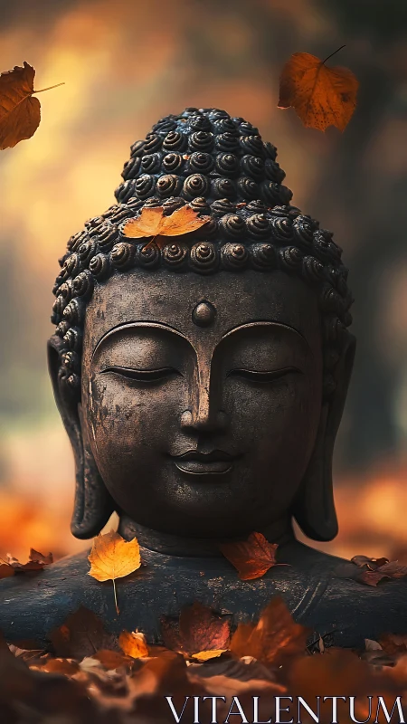 Buddha head statue with autumn leaves in shallow focus scene.