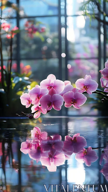 Pink Orchids Bloom by Sunlit Window with Reflections