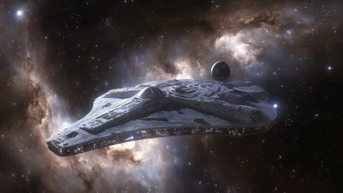 Detailed starship cruising through dense galactic nebula.