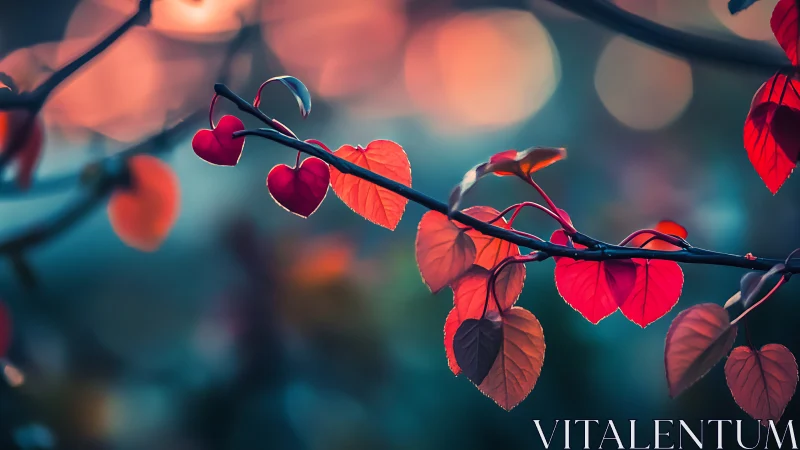 Branch with red heart-shaped leaves against soft bokeh background.