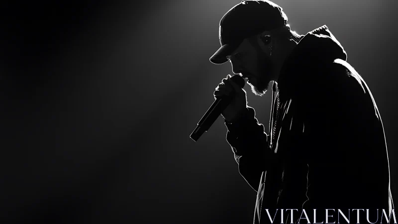 Silhouetted rapper holds microphone under single backlight
