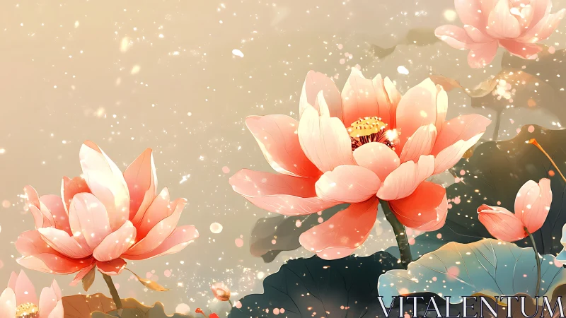 Softly glowing digital lotus blossoms with sparkling bokeh light