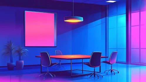 Neon meeting room glows with creative, colorful energy