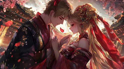 Romantic anime couple in ornate traditional wedding robes.