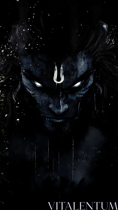 Mythic blue deity portrait in high-contrast digital chiaroscuro.