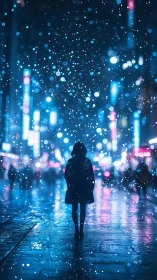 Solitary figure walks through neon snow in a glowing cityscape.