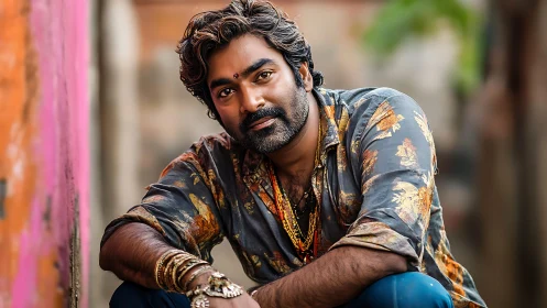 Portrait of casually seated man in patterned shirt outdoors.