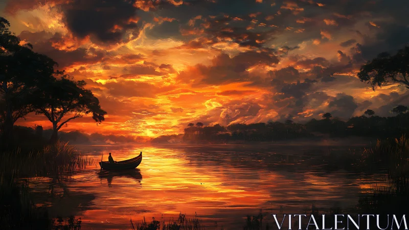 Digital sunset riverscape with solitary boat silhouette.
