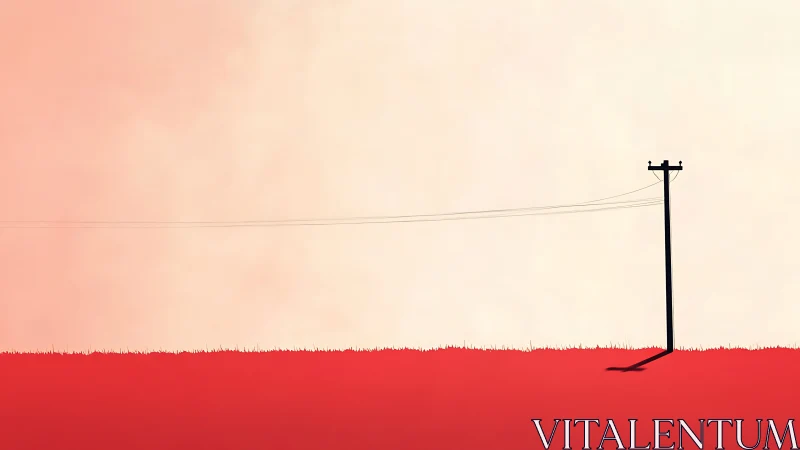 Minimalist power pole over red field and pale sky.