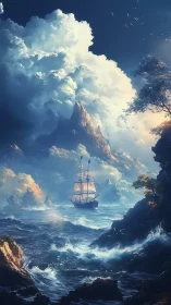 Stormlit tall ship wandering through towering dream seas.