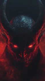 Volumetric-lit horned demon head with emissive red eyes and teeth