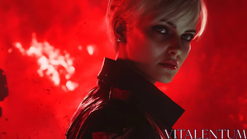 Scarlet-lit vigilante turns from the blaze with icy resolve.