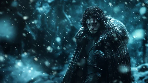 Solitary warrior in snowstorm with dark fur cloak.