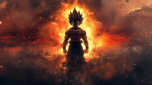 Fiery warrior silhouette rising from swirling cosmic embers.