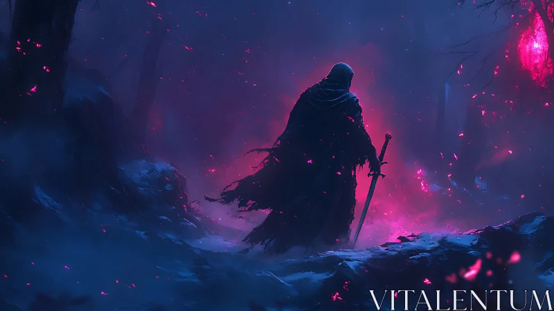 Cloaked figure with sword in bioluminescent forest environment.