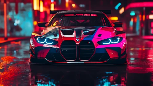 BMW M race car in neon-lit cyberpunk city streetscape.