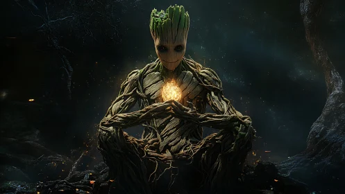 Tree-like humanoid holds glowing orb in a dark forest
