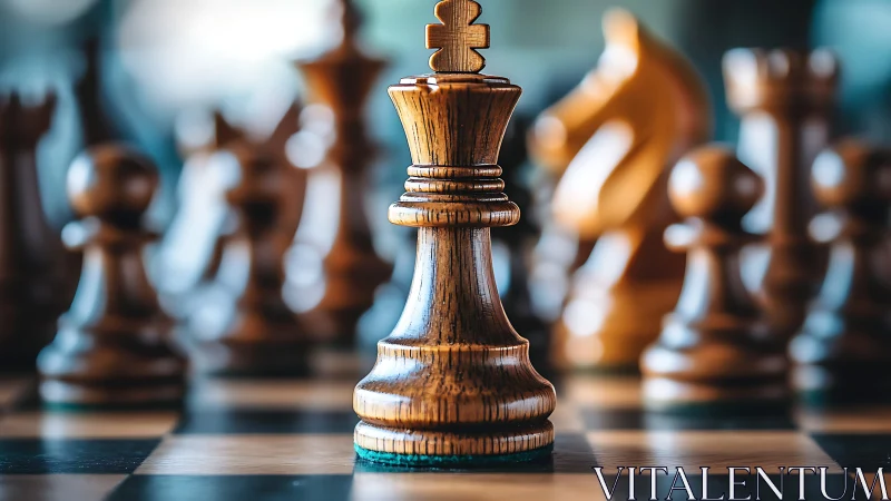 Shallow depth of field isolates a wooden chess king