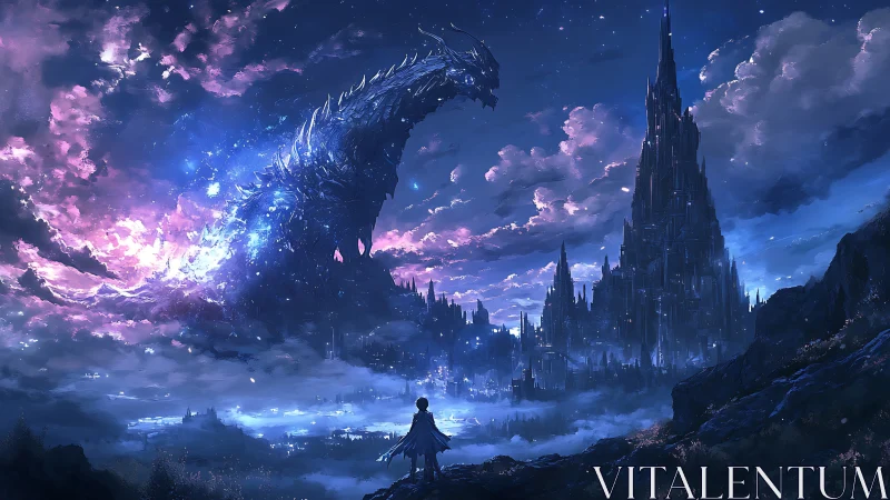 Starlit dragon leans over crystal spires while destiny waits